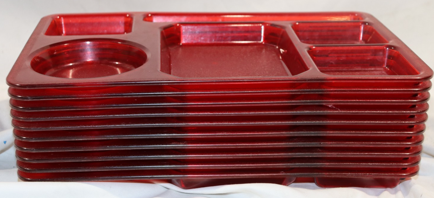 10 Pack - Plas-tique Products, Inc PTP-11 Red Translucent Trays, 6 Compartment - NMB Restaurant Equipment