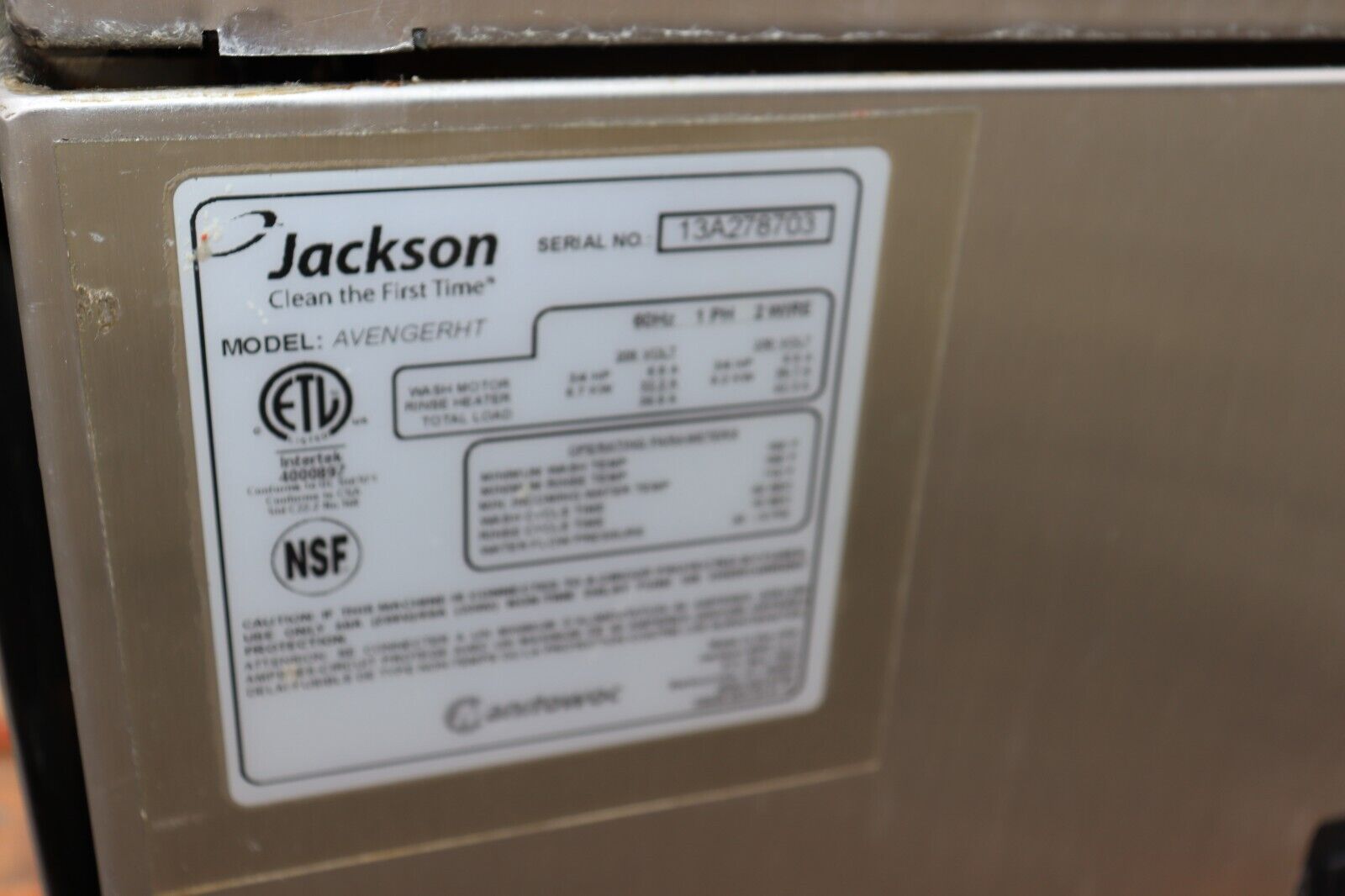 Jackson AvengerHT Undercounter High Temp Dishwasher, Used, Great Condition