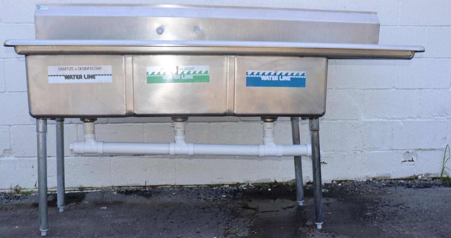 Stainless Steel 3 Compartment Sink w/ Right Drainboard 18X18X12D Bowls, 75 Inch