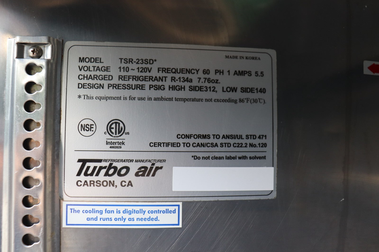 Turbo Air 19.3cf Reach-in Refrigerator Stainless Single Solid Door, Used, CLEAN