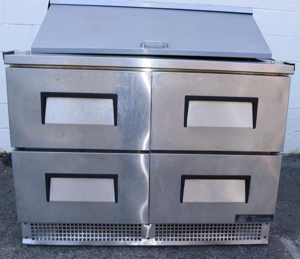 True TFP-48-18M-D-4 48" Mega Top Food Prep Table w/ 18 Pan Cap., 4 Drawers, Used