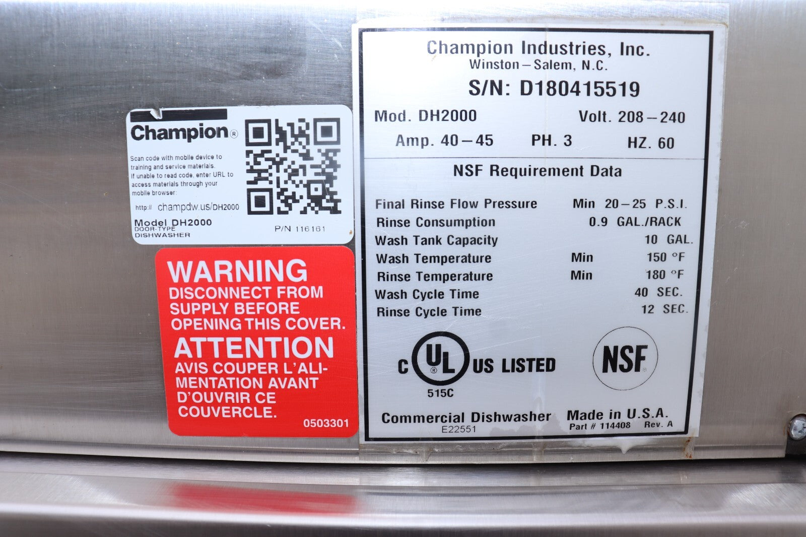 Champion DH2000 Versa Clean High Temperature Door Type Dishwasher 55 Racks / Hr