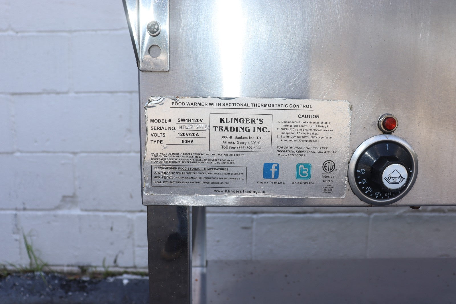 Klinger's All Stainless Steel 4 well Electric Steam Table Wet/Dry KTI SW-4H-120