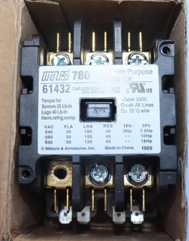 Mars 780 Definite Purpose Contactor 61432 208-240V 50Hz/60Hz 3-Pole 30FLA