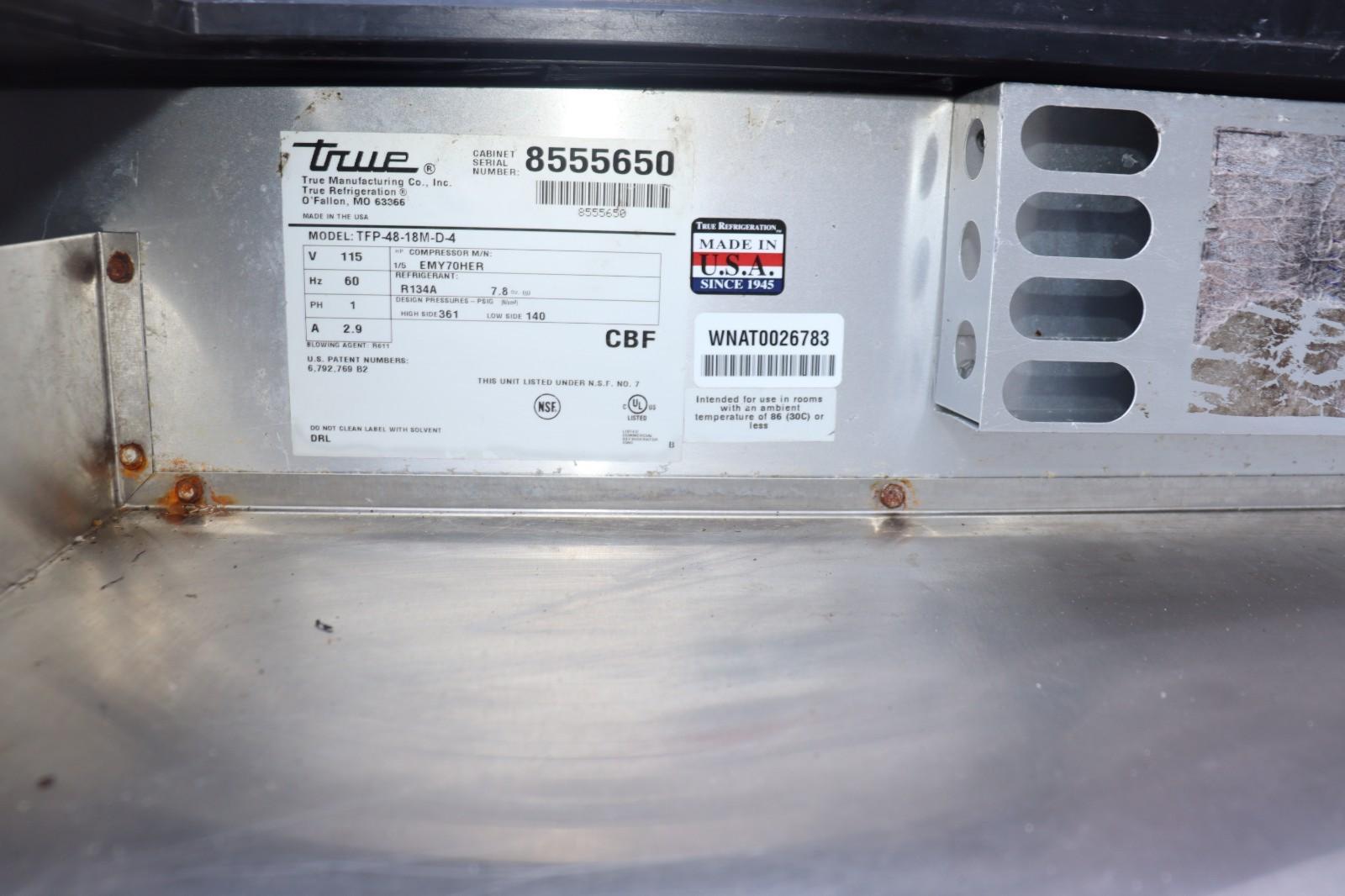 True TFP-48-18M-D-4 48" Mega Top Food Prep Table w/ 18 Pan Cap., 4 Drawers, Used