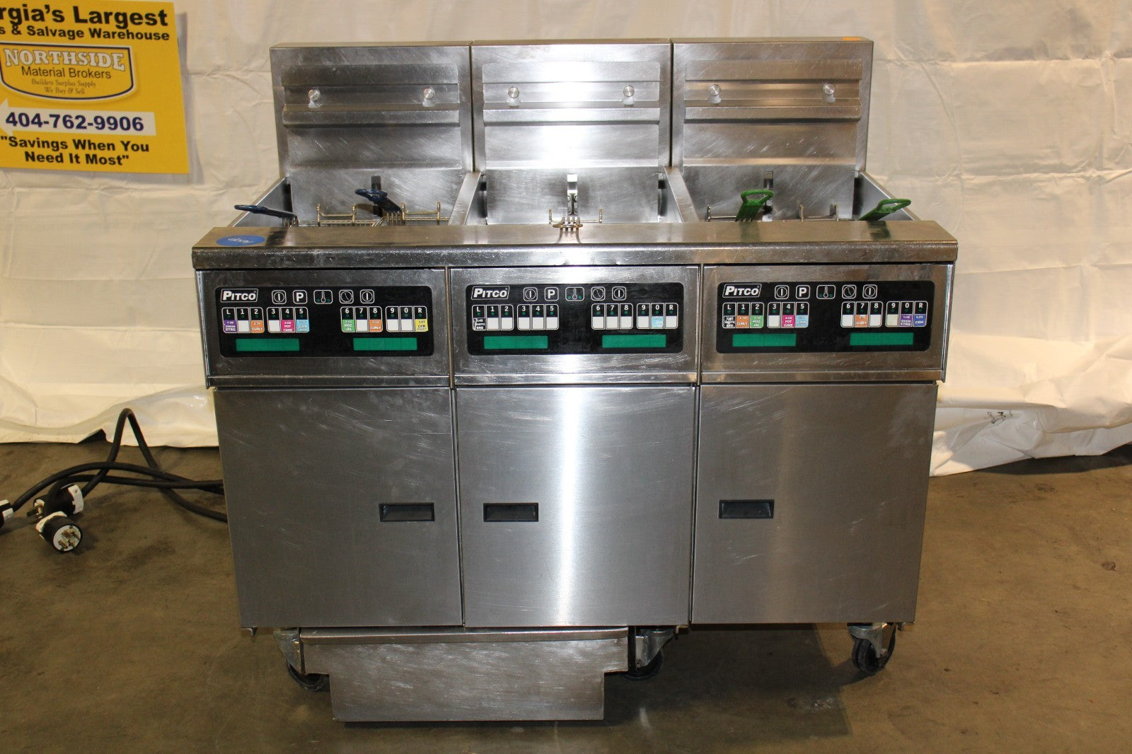 PITCO SEH50 3 UNIT FLOOR FRYER SYSTEM ELECTRIC 3 PHASE W/ FILTER DRAWER