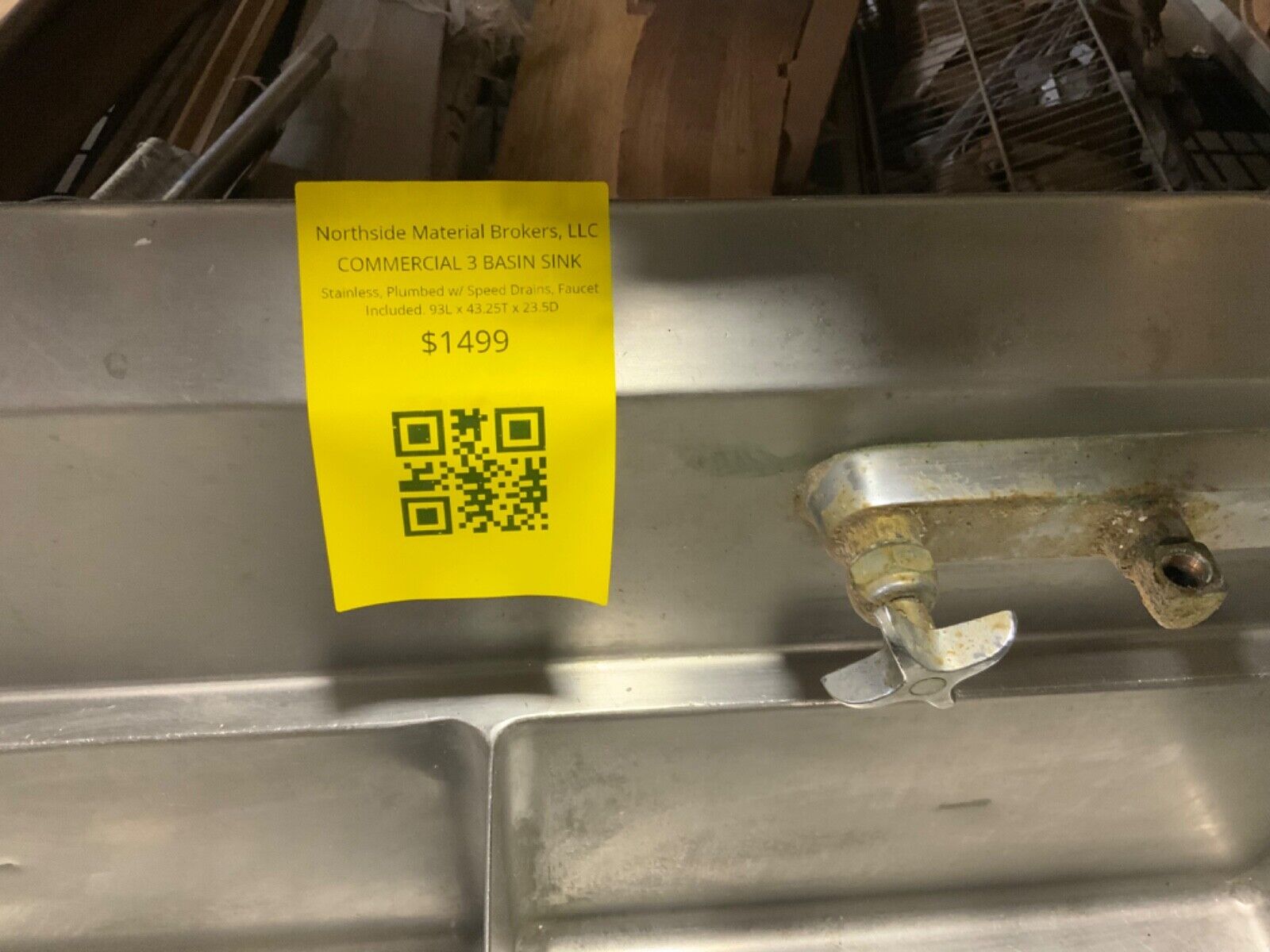 Commercial 3 Basin Sink, Stainless Steel, Faucet included