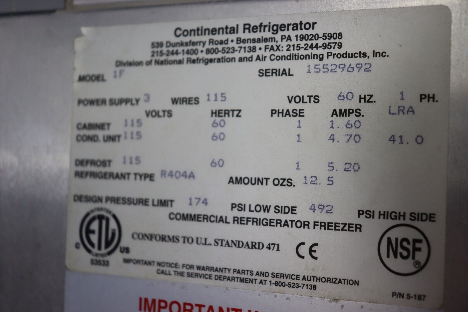 Commercial Reach in Freezer Continental 1F