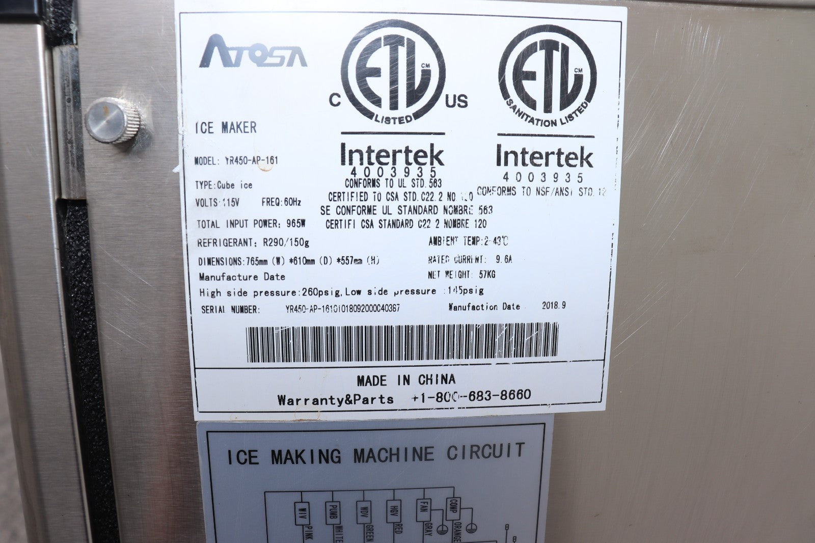 ATOSA YR-450-AP-161 460 lb ICE MACHINE W/395 lbs BIN, 30", Half Cube, Free Liftg