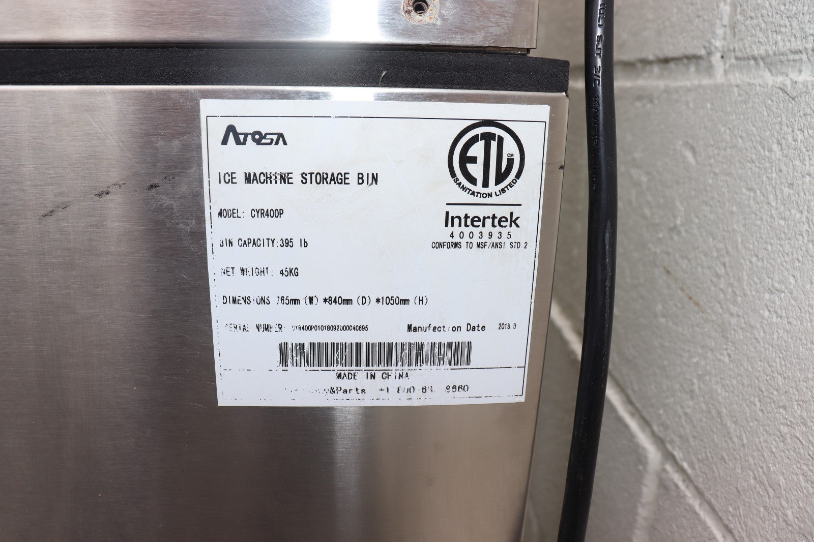 ATOSA YR-450-AP-161 460 lb ICE MACHINE W/395 lbs BIN, 30", Half Cube, Free Liftg