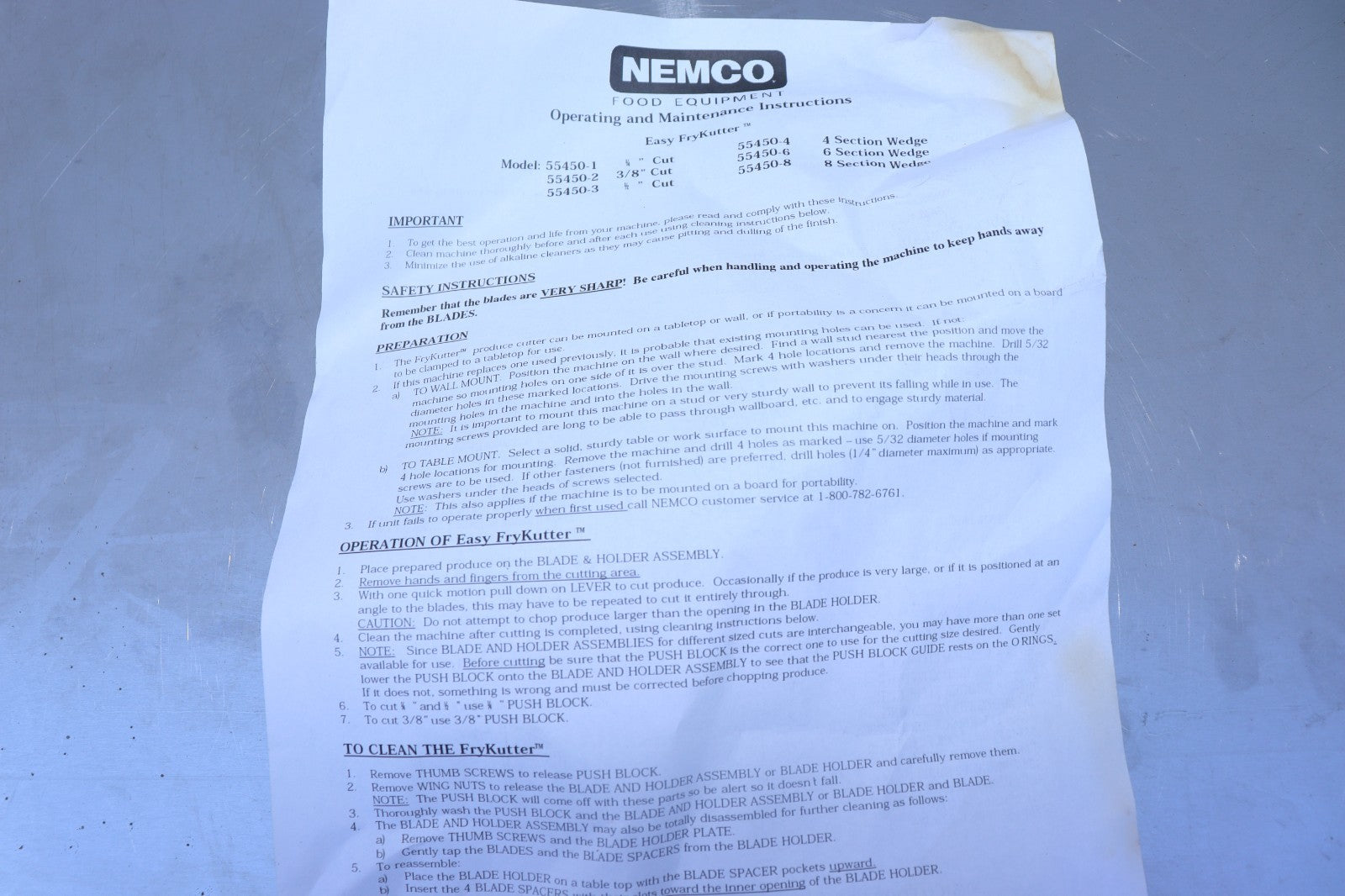 Nemco 55450-1 FryKutter Easy French Fry Potato Cutter 1/4" Cutting Blade NEW!