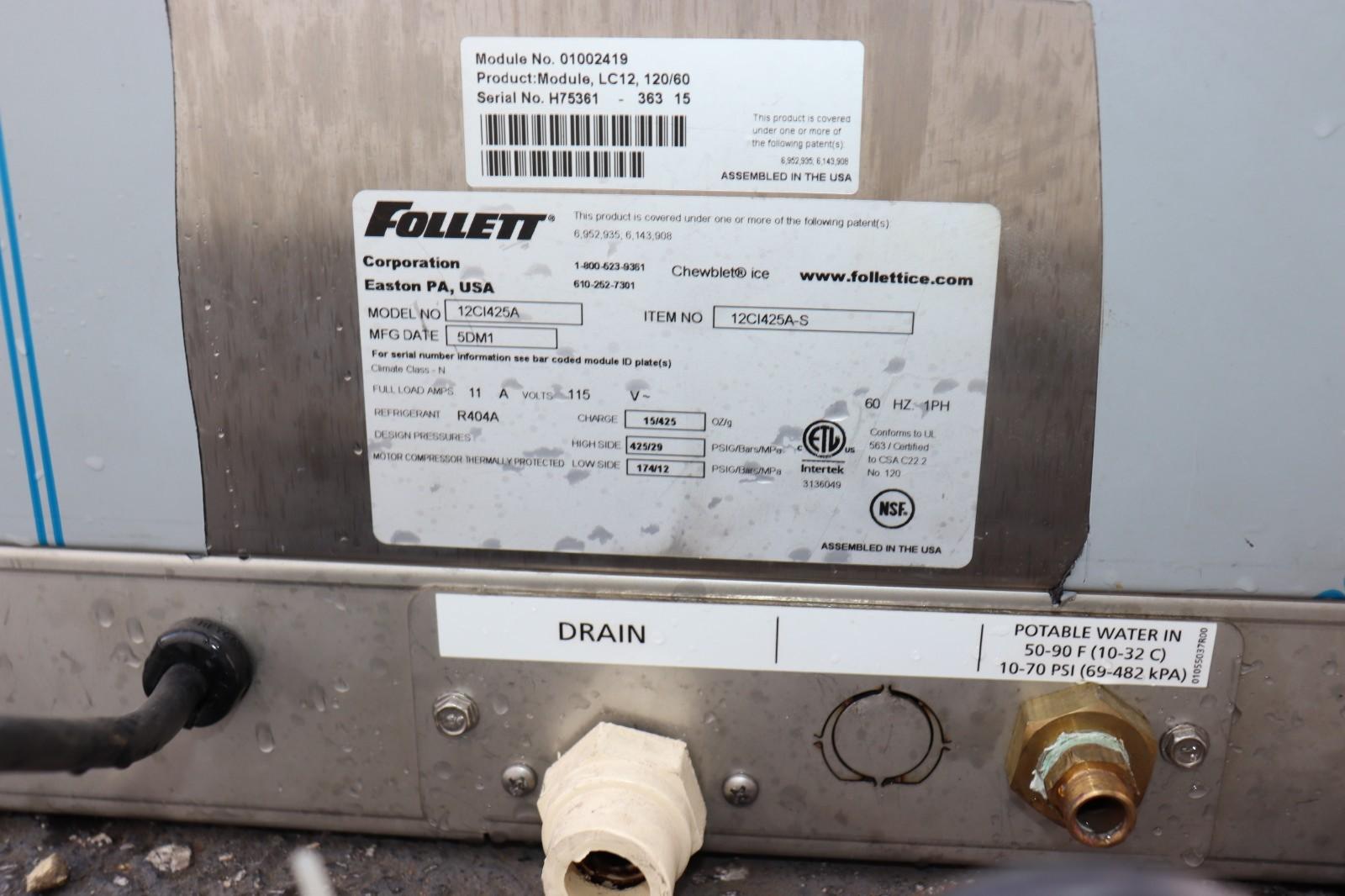 FOLLETT SYMPHONY PLUS 12CI425A ICE MAKER AND WATER DISPENSER, USED CLEAN