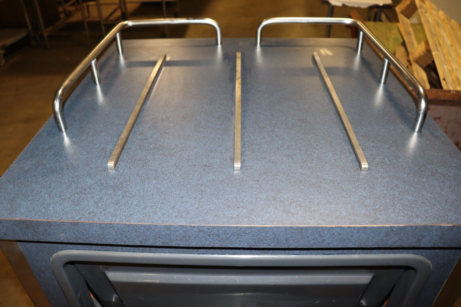 Gray Trash Cabinet, w/ Rolling Bin, Stainless Steel Runners, Used, 28x28x50 - NMB Restaurant Equipment
