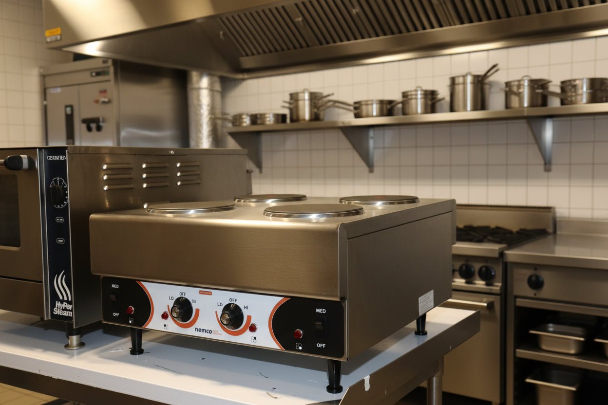 Nemco 6311-4-240 Electric Countertop Raised Hot Plate with 4 Solid Burners 240V - NMB Restaurant Equipment